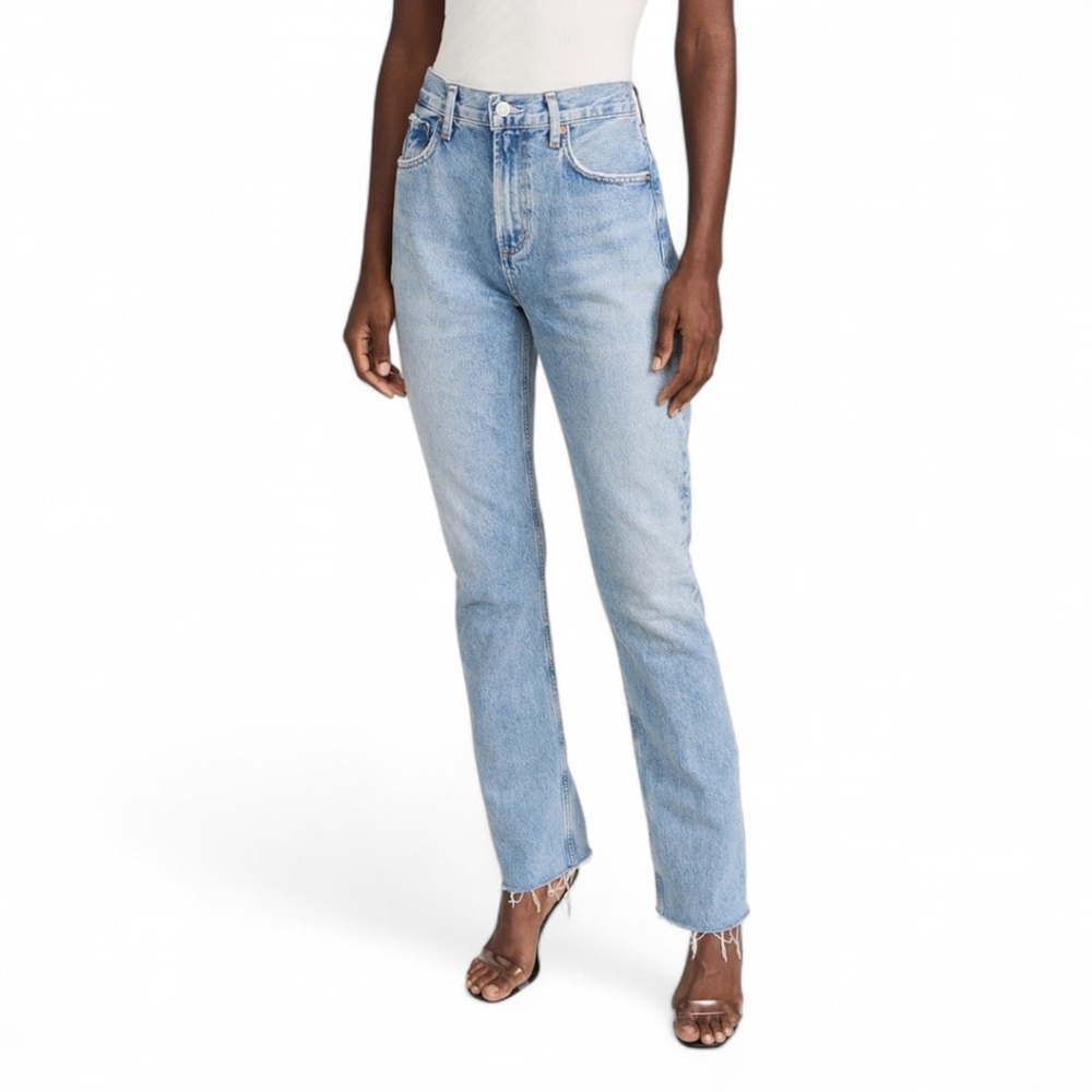 AGOLDE Women's Sz 31 Cherie High Rise Straight Leg Merit Raw Hem Jeans - Light - Picture 5 of 16